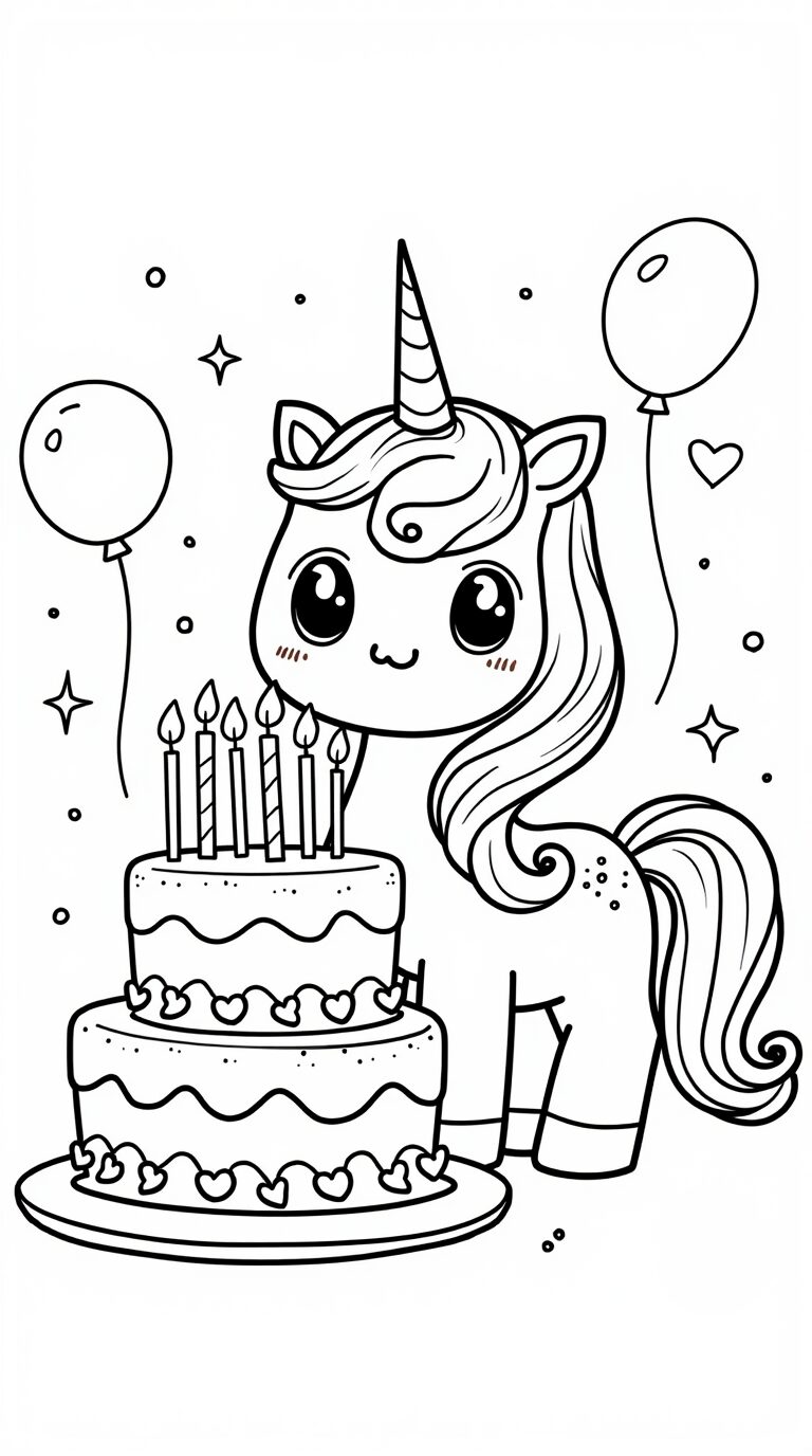 Coloring unicorn birthday candles cake