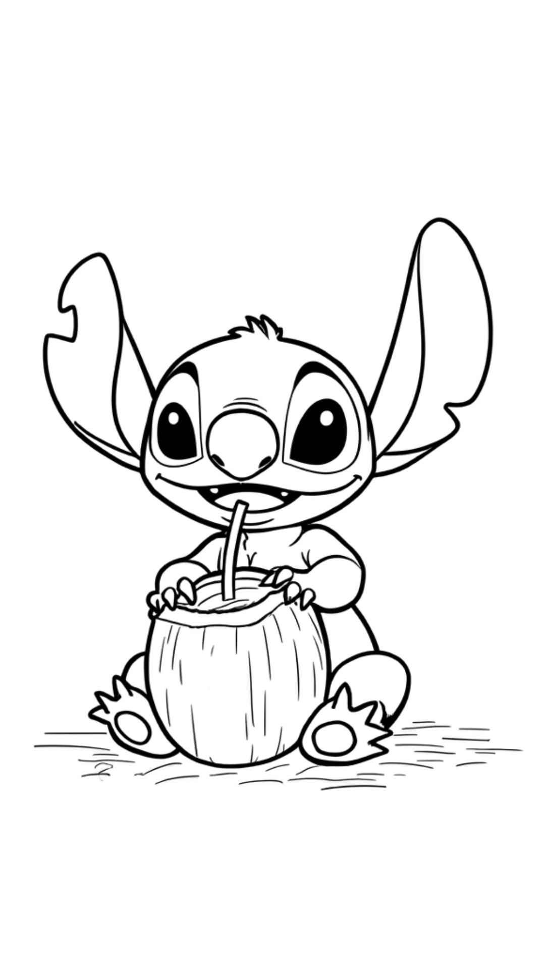 Stitch coloring page drinking coconut water on the beach