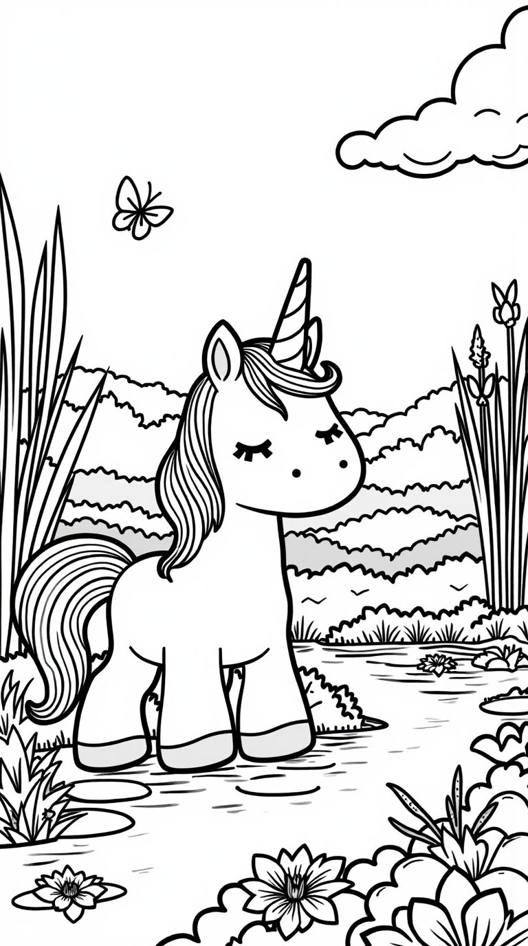 Coloring page unicorn Brook water lilies