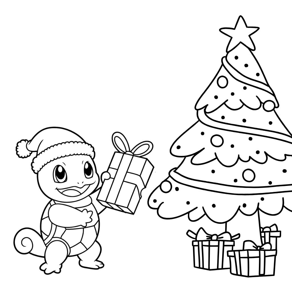 Squirtle Decorating Christmas Tree Coloring Page
