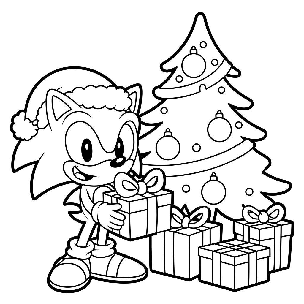Sonic With A Christmas Tree Coloring Page