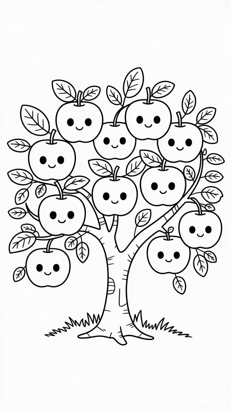 Coloring Page Apple Tree with Smiling Apples