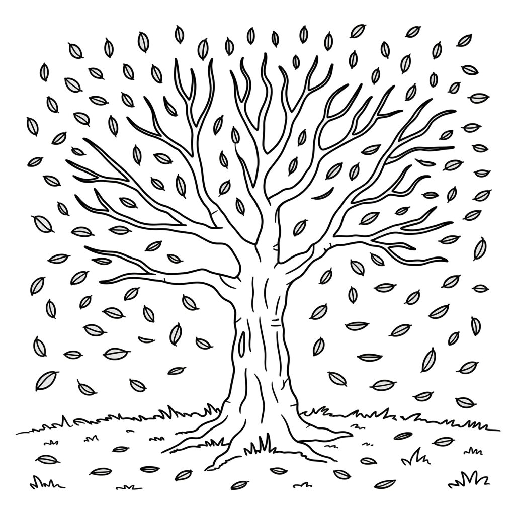 Coloring Page Autumn Tree with Falling Leaves