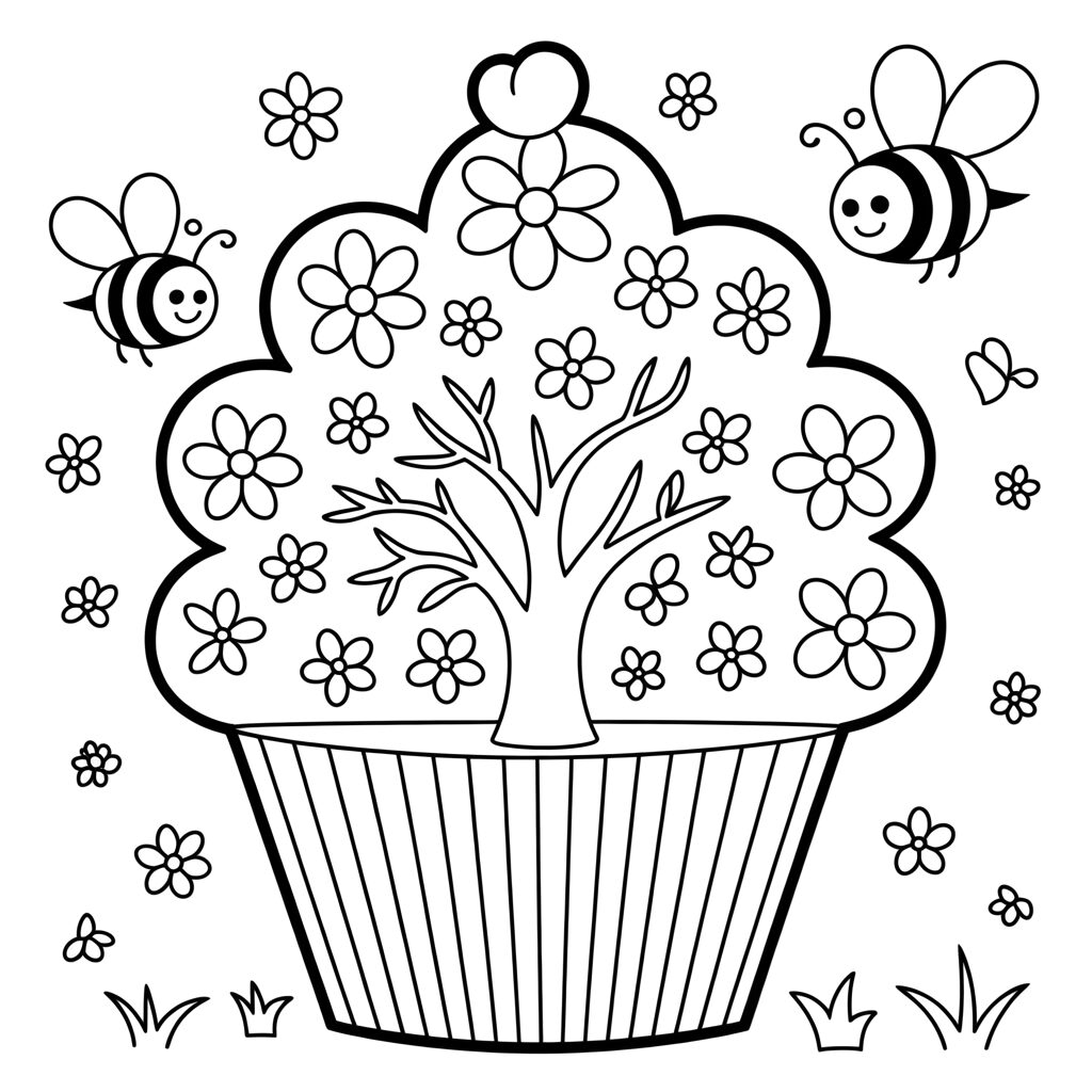 Coloring Page Cupcake with Blossom and Bees