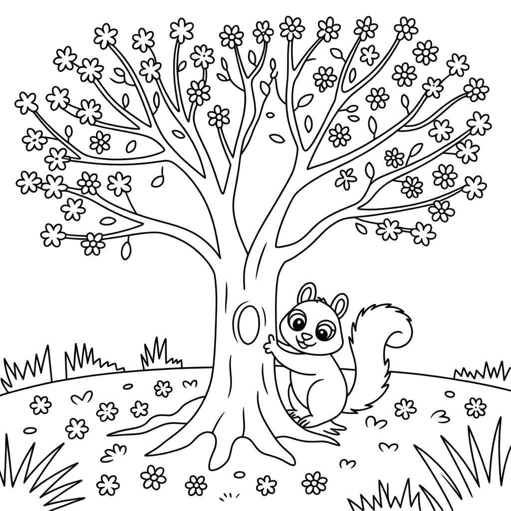 Coloring Page Squirrel Hugging a Blooming Tree