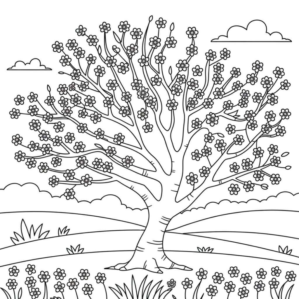 Coloring Page Large Tree in Bloom in the Countryside