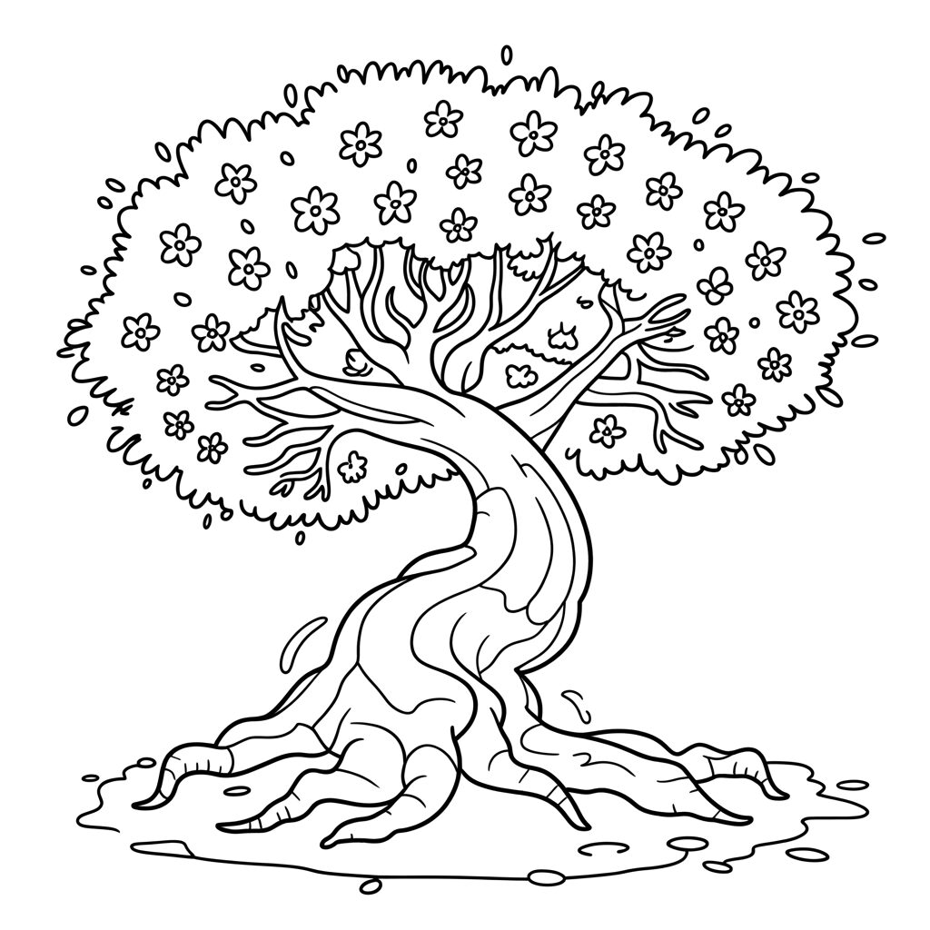 Coloring Page Magical Blossom Tree with Twisted Trunk