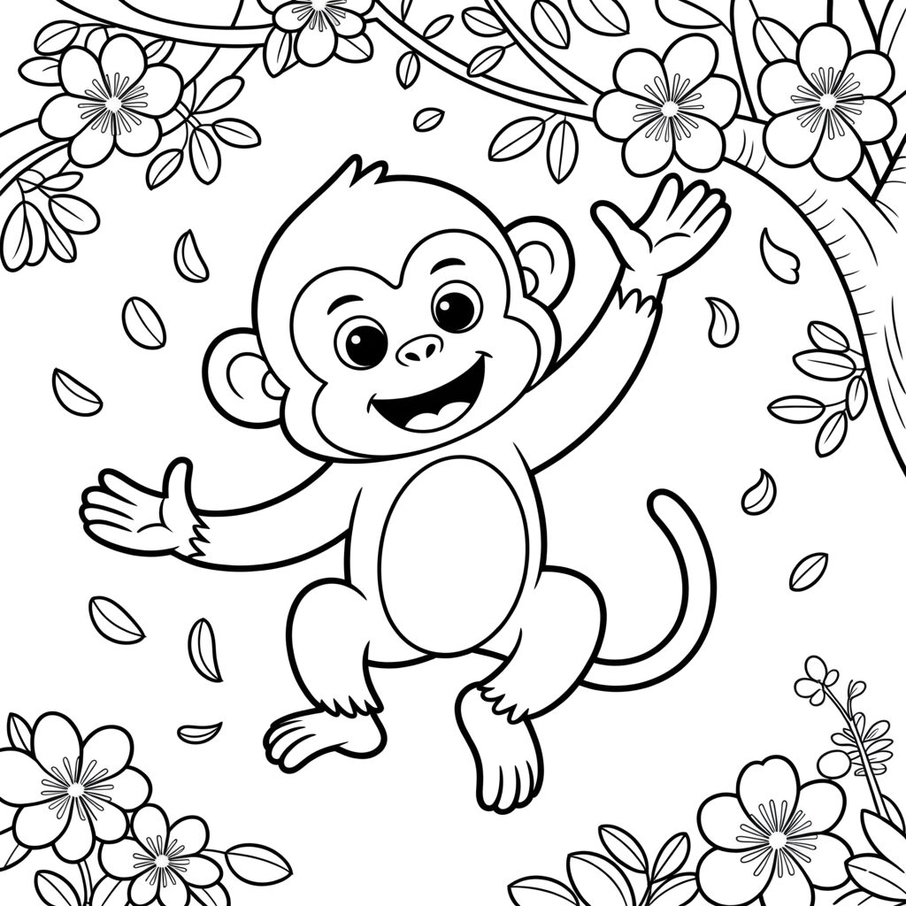 Coloring Page Happy Monkey under Blossom Branches