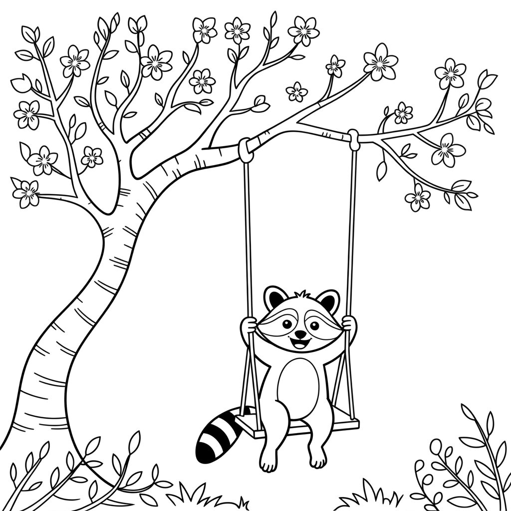 Coloring Page Raccoon on a Swing Hanging from a Blossom Branch