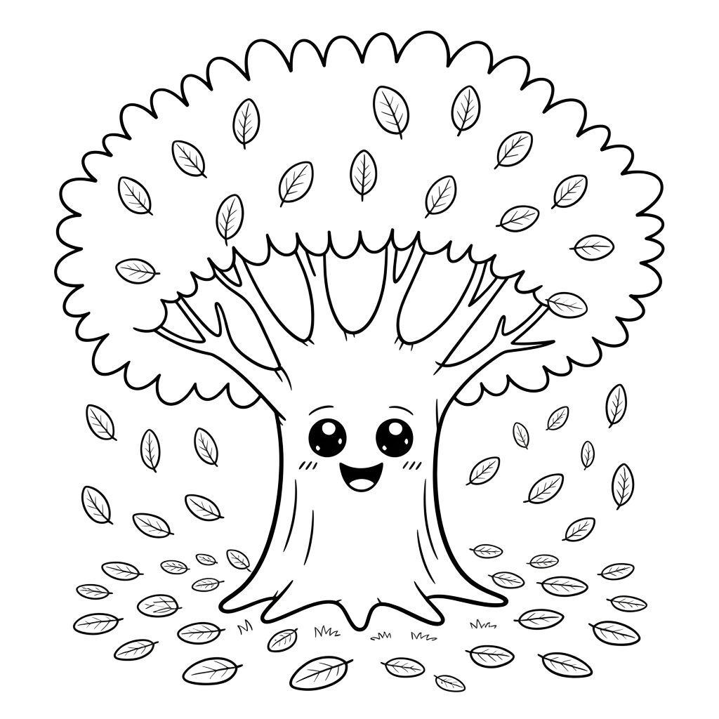 Coloring Page Smiling Tree with Leaves