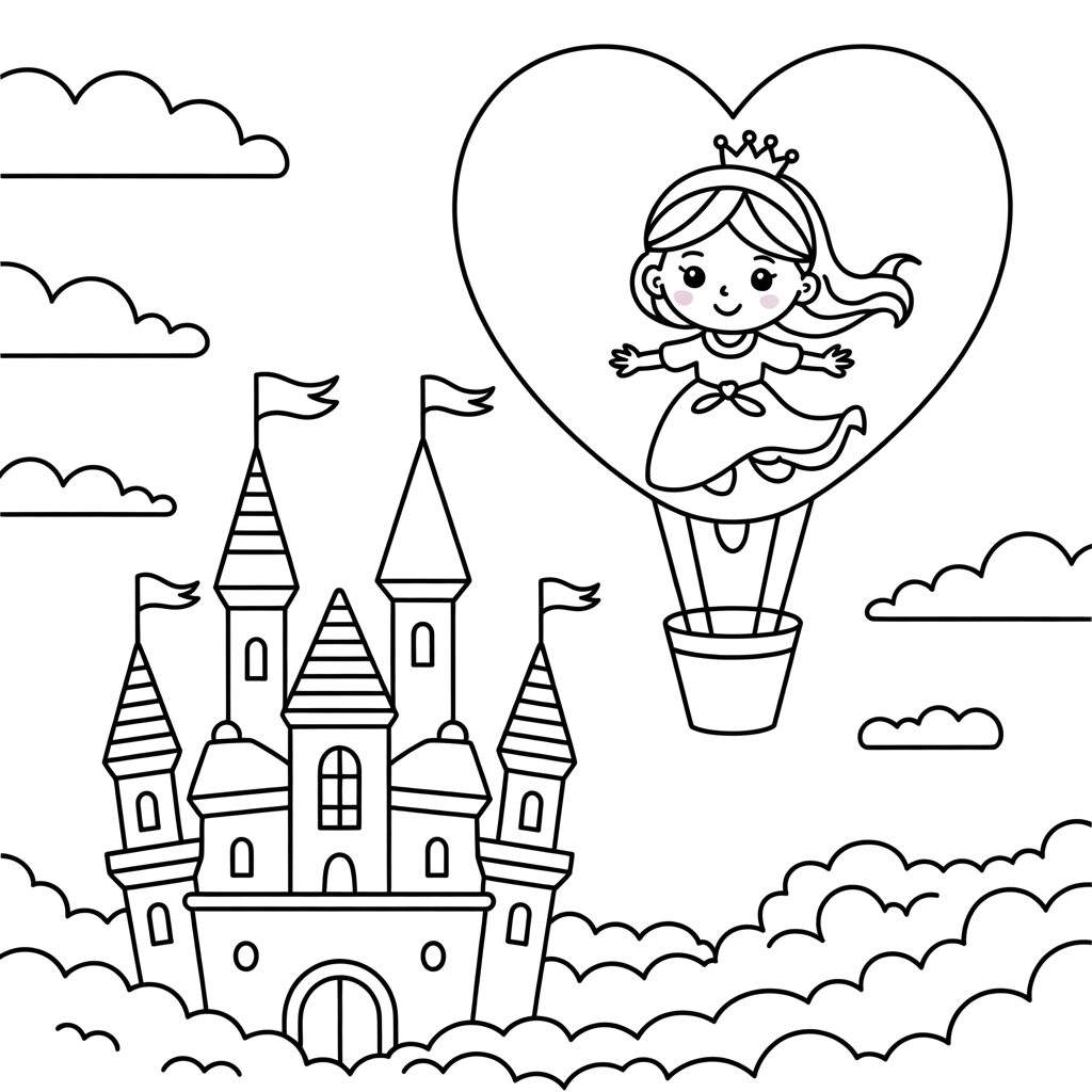 Coloring Page Princess in a Hot Air Balloon above the Castle
