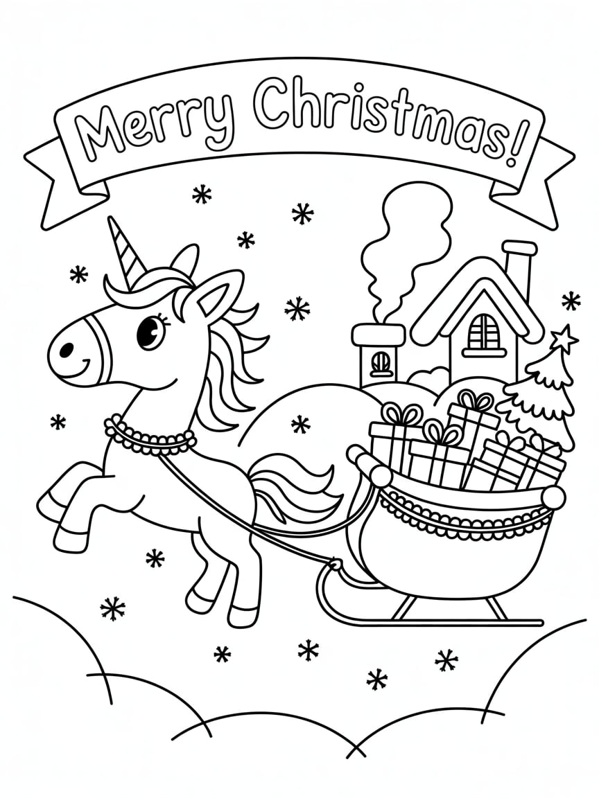 Christmas Unicorn Pulling Sleigh Coloring Page