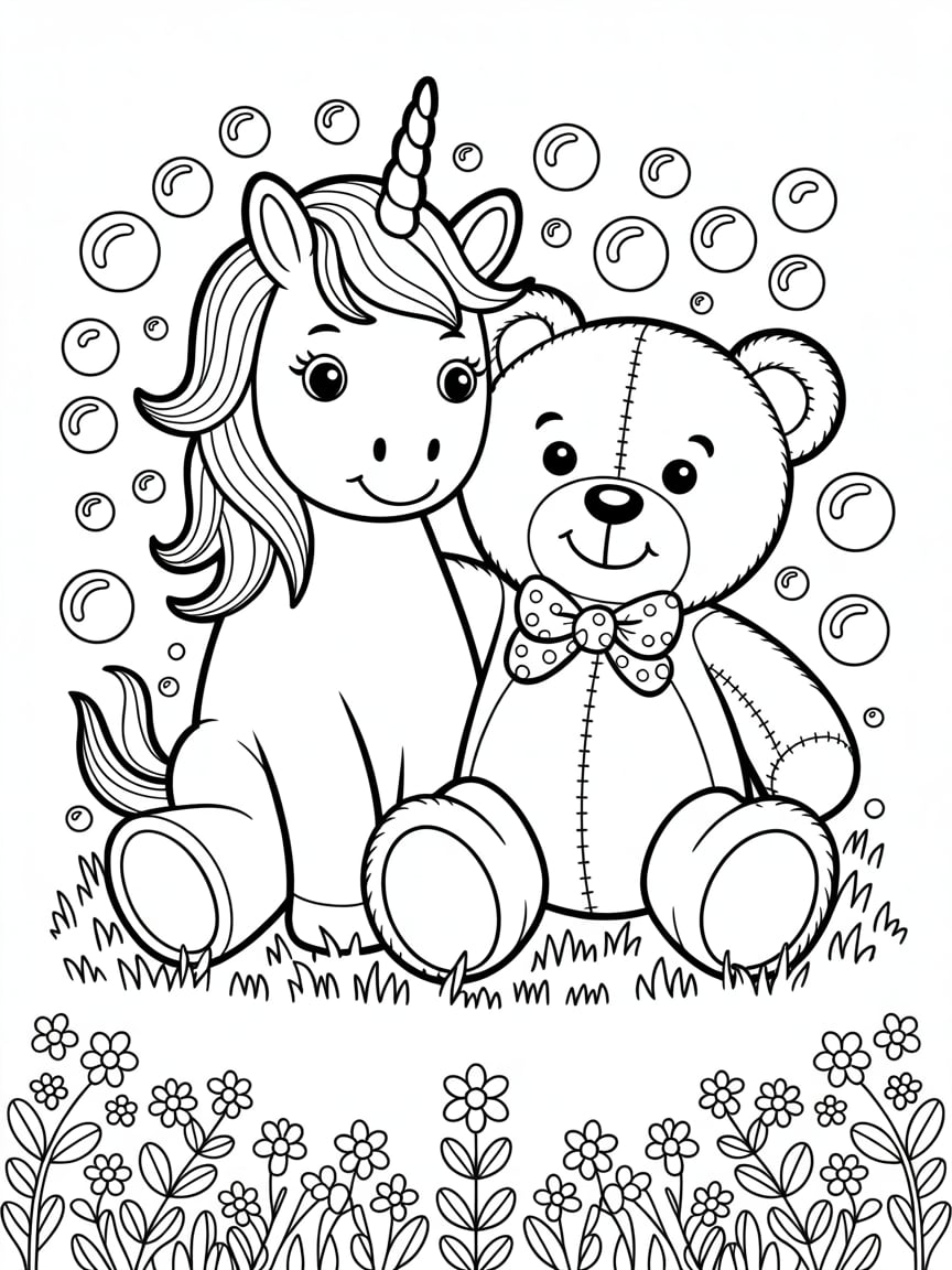 Cute Unicorn And Teddy Bear Coloring Page For Kids