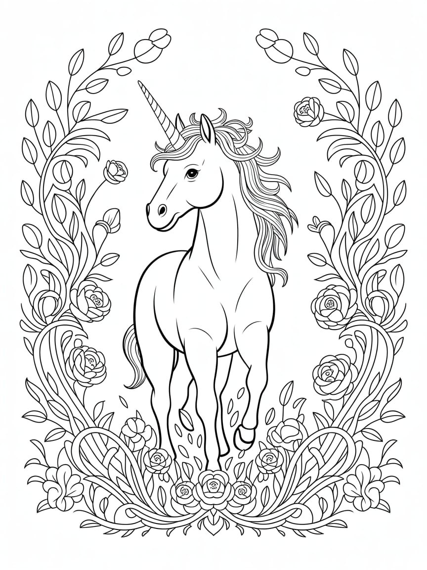 Majestic Unicorn With Floral Frame Coloring Page