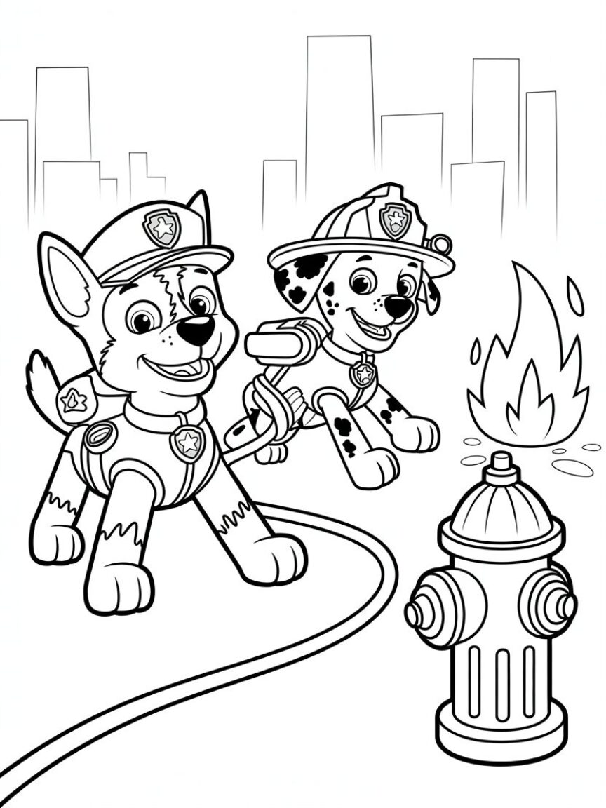 Paw Patrol Firefighter Chase and Marshall Coloring Page
