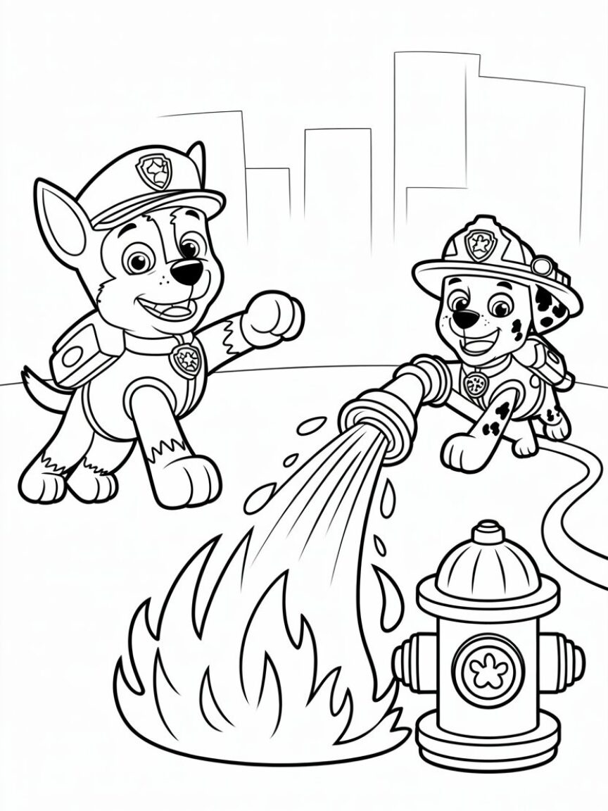 Paw Patrol Team Putting Out Fire Coloring Page