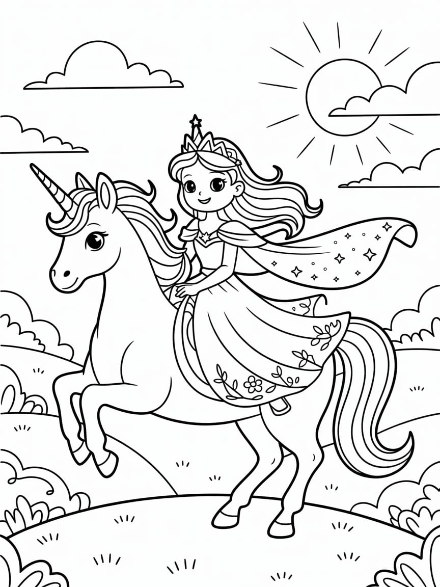 Princess Riding Unicorn Under Sun Coloring Pages