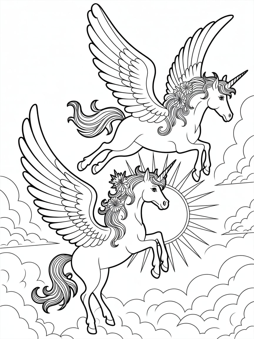 Two Winged Unicorns Flying Towards Sun Coloring Page