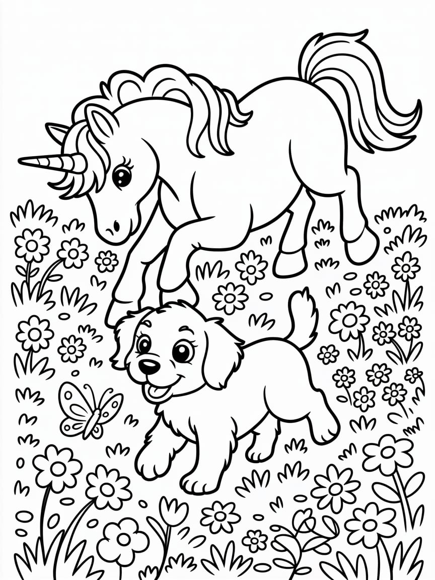Unicorn And Dog Coloring Page For Kids