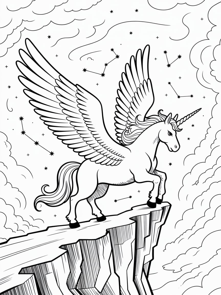 Winged Unicorn On Cliff Under Stars Coloring Page