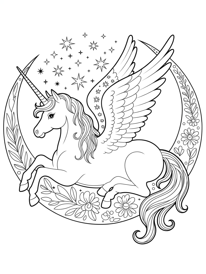 Winged Unicorn On Crescent Moon Coloring Page