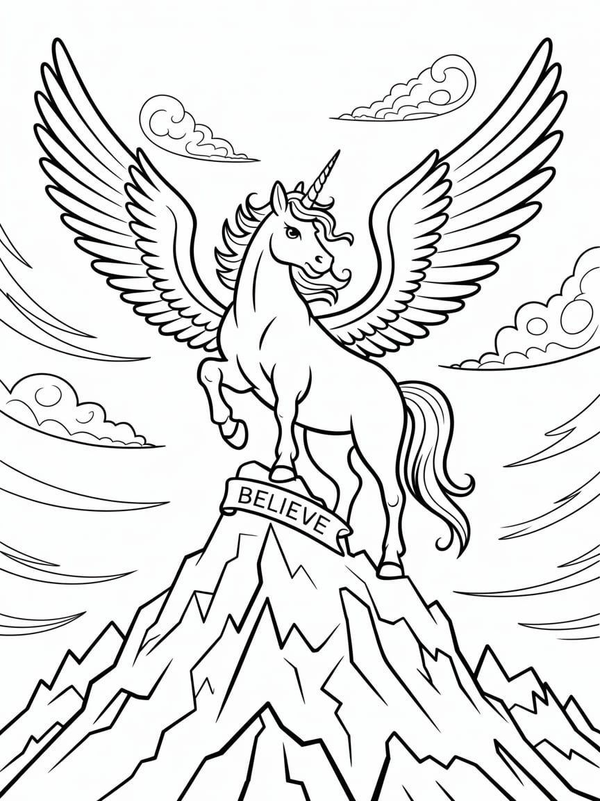 Winged Unicorn Standing On Mountain Coloring Page