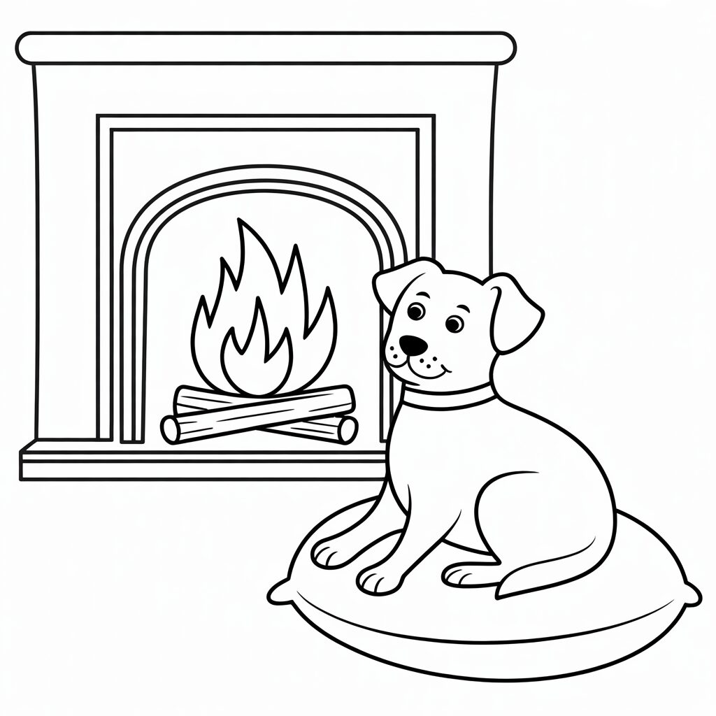 Dog by the fireplace coloring page