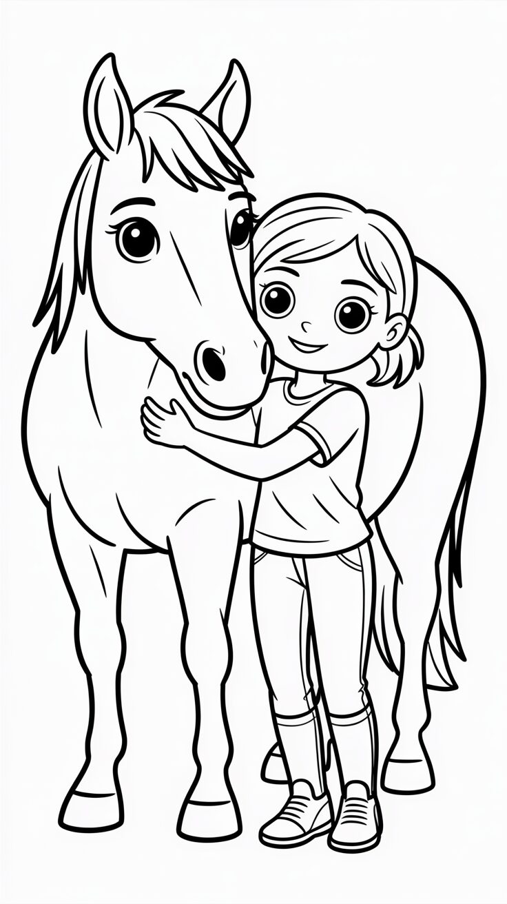 Girl Hugging a Horse Coloring Page