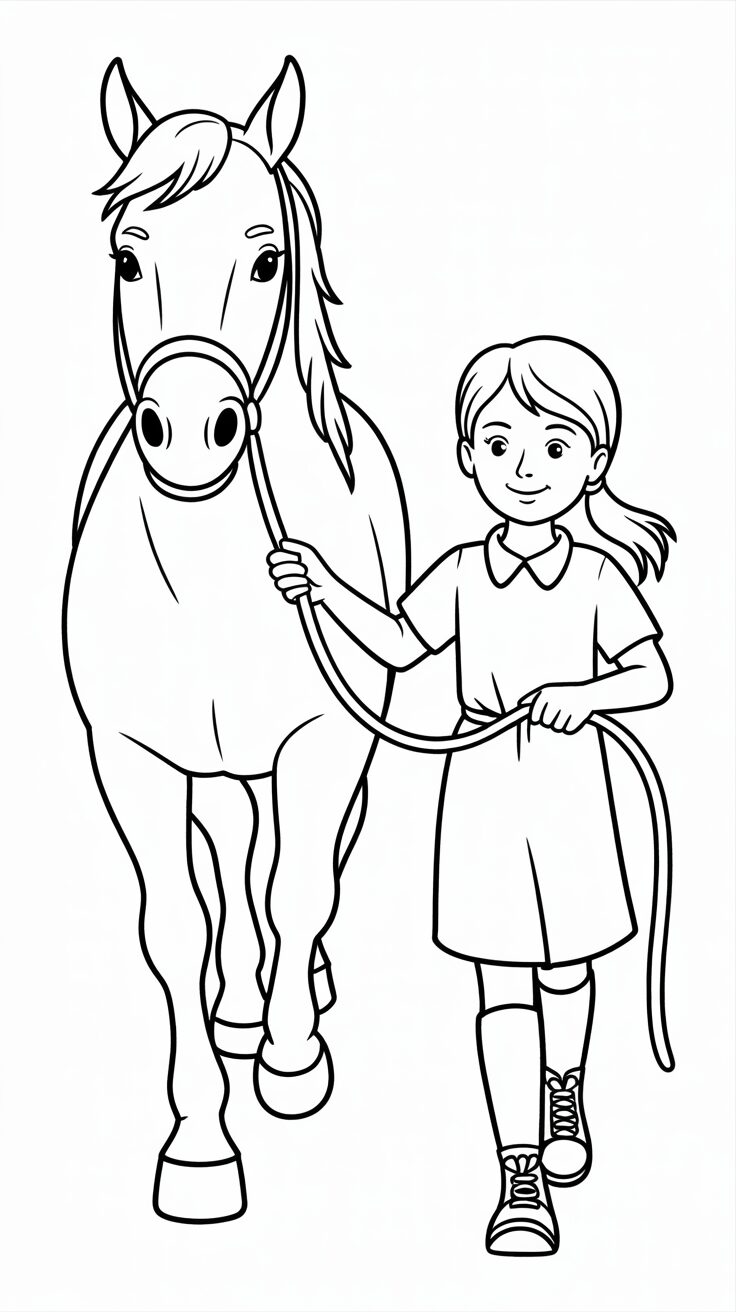 Girl Leading a Horse Coloring Page