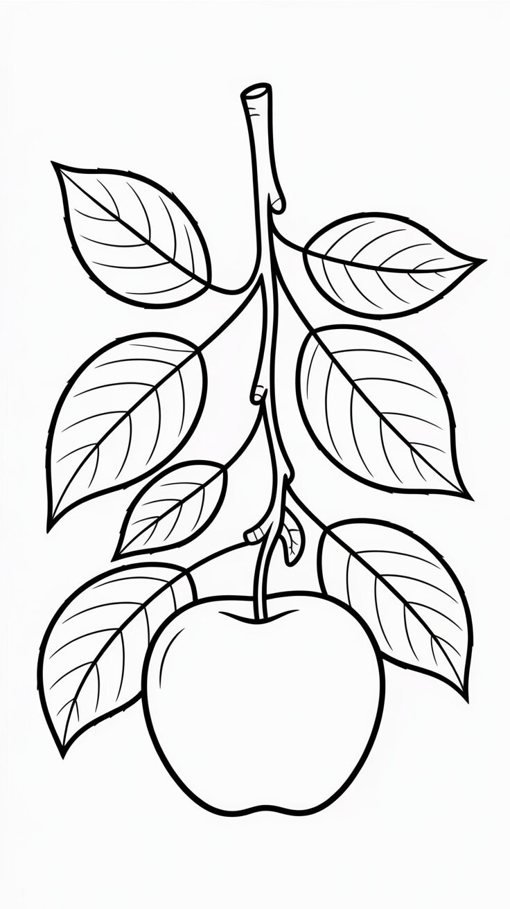 Coloring Page Apple with Leaves on a Branch