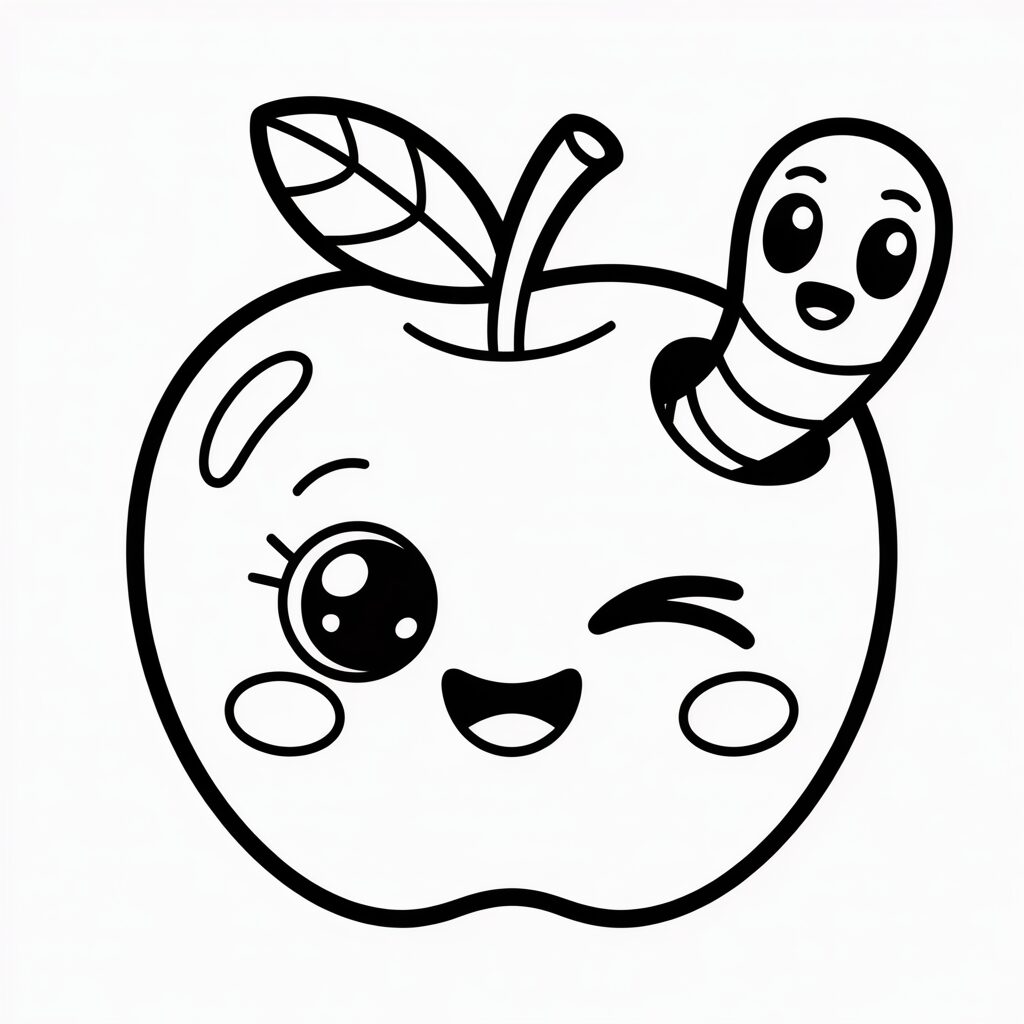Coloring Page Winking Apple with Happy Worm