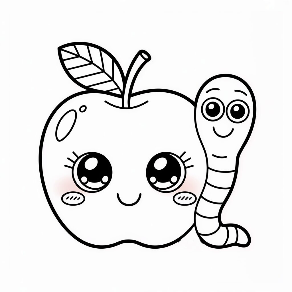 Coloring Page Apple with a Shy Worm Next to It