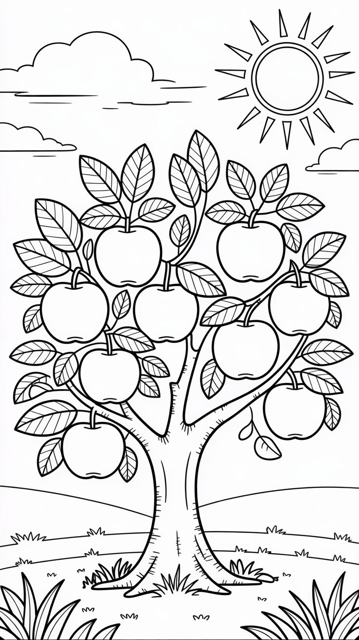 Coloring Page Apple Tree in the Sunshine on a Hilly Field