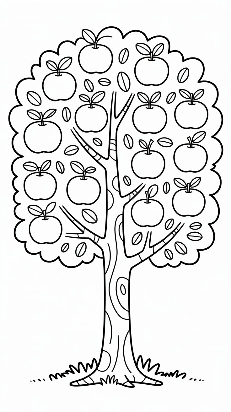 Coloring Page Apple Tree with a Round Canopy Full of Apples