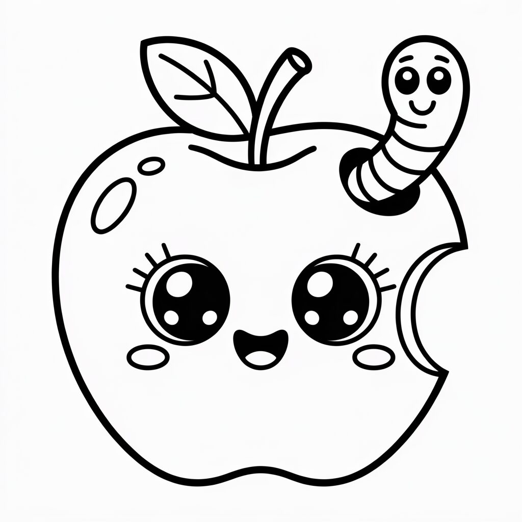 Coloring Page Bitten Apple with Big Eyes and a Cheerful Worm