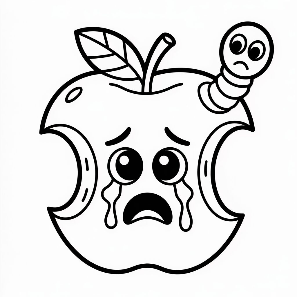 Coloring Page Bitten Apple with Tears and a Sad Worm