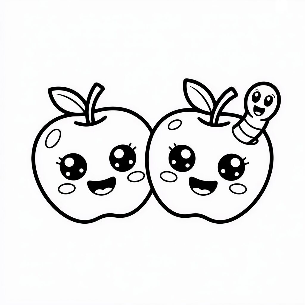 Coloring Page Two Happy Apples, One with a Worm