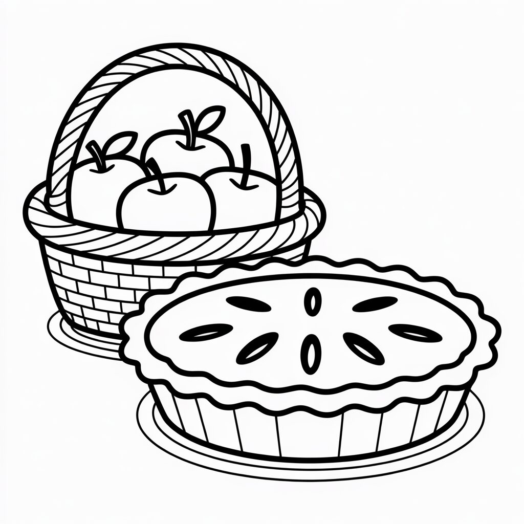 Coloring Page Basket of Apples and Apple Pie