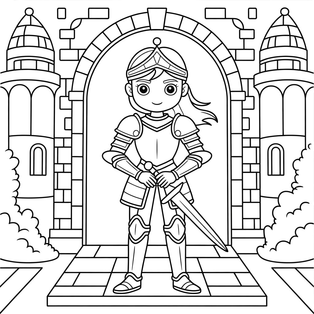 Coloring Page Knight in Front of Castle Gate