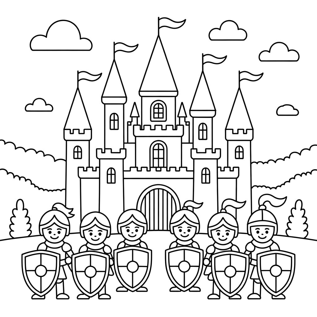Coloring Page Knights with Shields in Front of a Castle