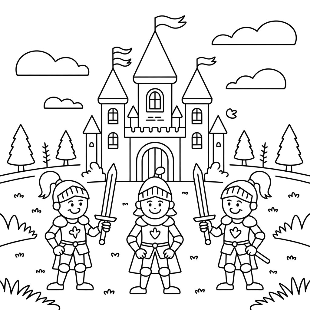 Coloring Page Knights in Front of a Castle