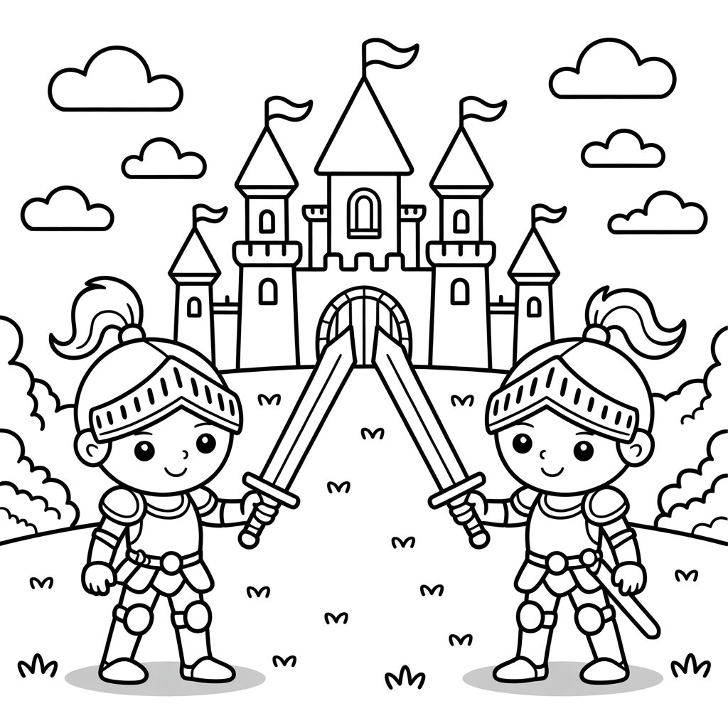 Coloring Page Two Knights Fighting near a Castle