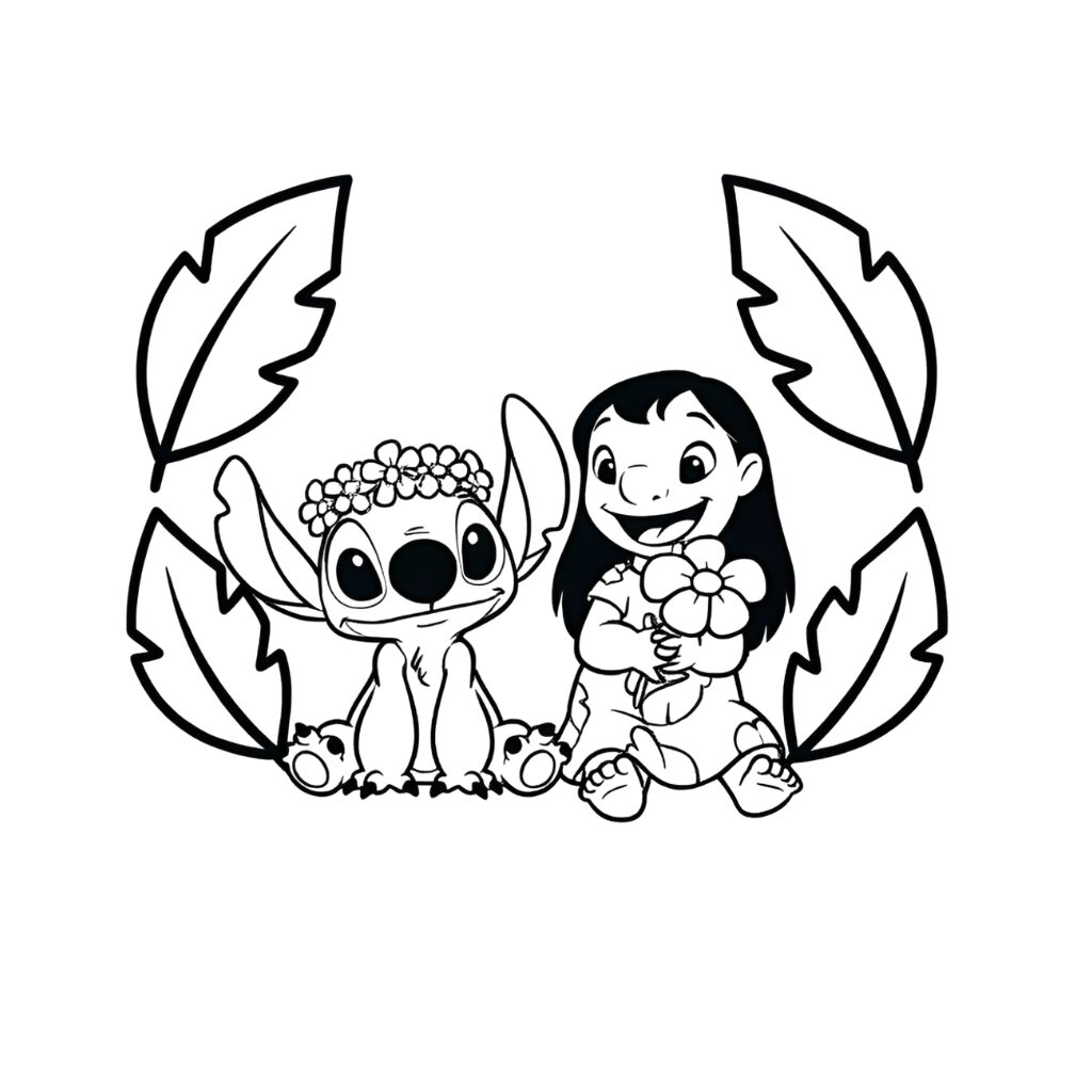 Lilo and Stitch coloring page under tropical leaves