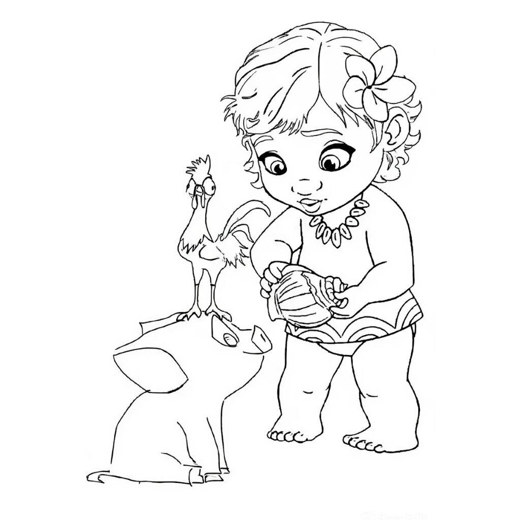Baby Moana coloring page with Pua and Heihei