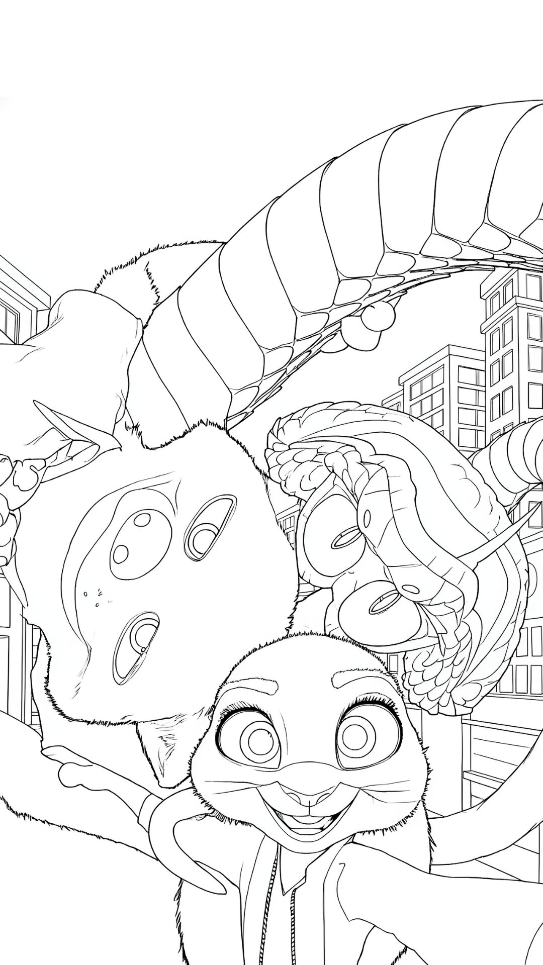 Coloring page of Nick and Judy taking a selfie with Gary