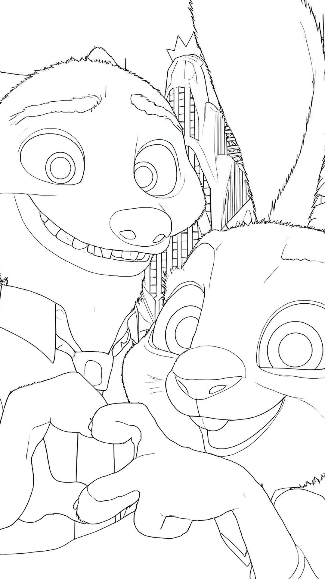 Coloring page of Nick and Judy making a heart shape together