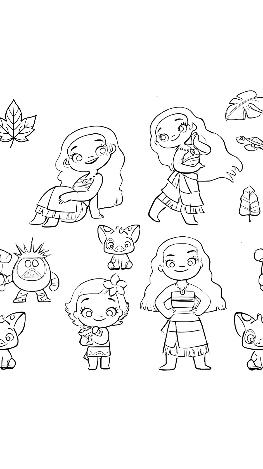 Coloring pages of Moana 2 characters in cute chibi style