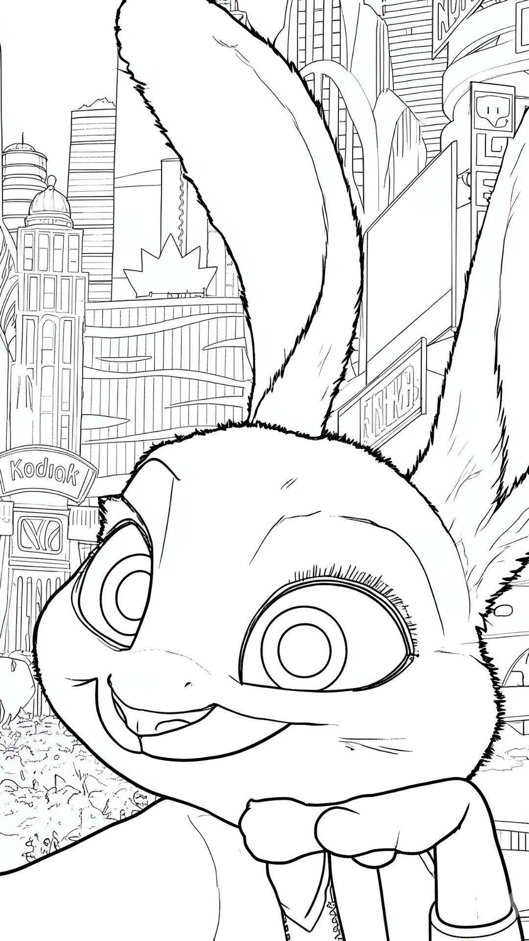 Coloring pages of Nick Hopps posing in front of the city