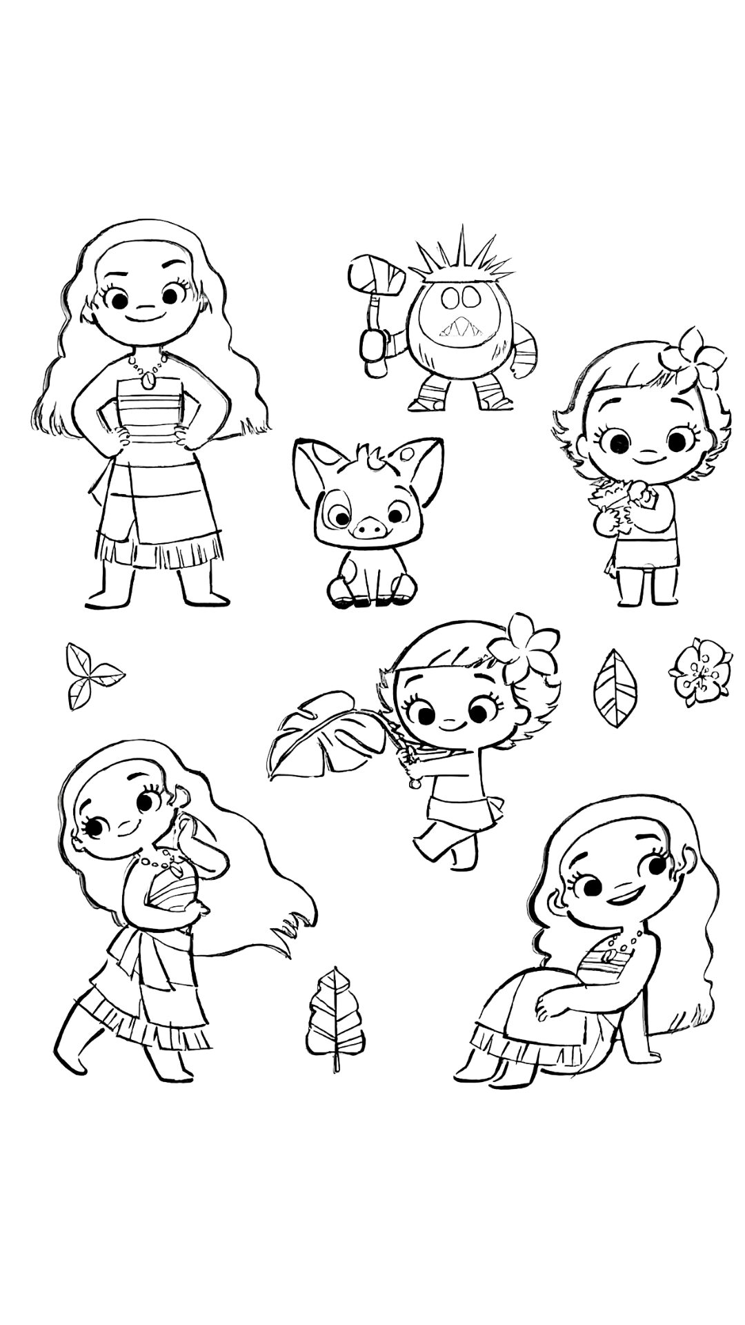 Coloring pages of Moana 2 characters in chibi style