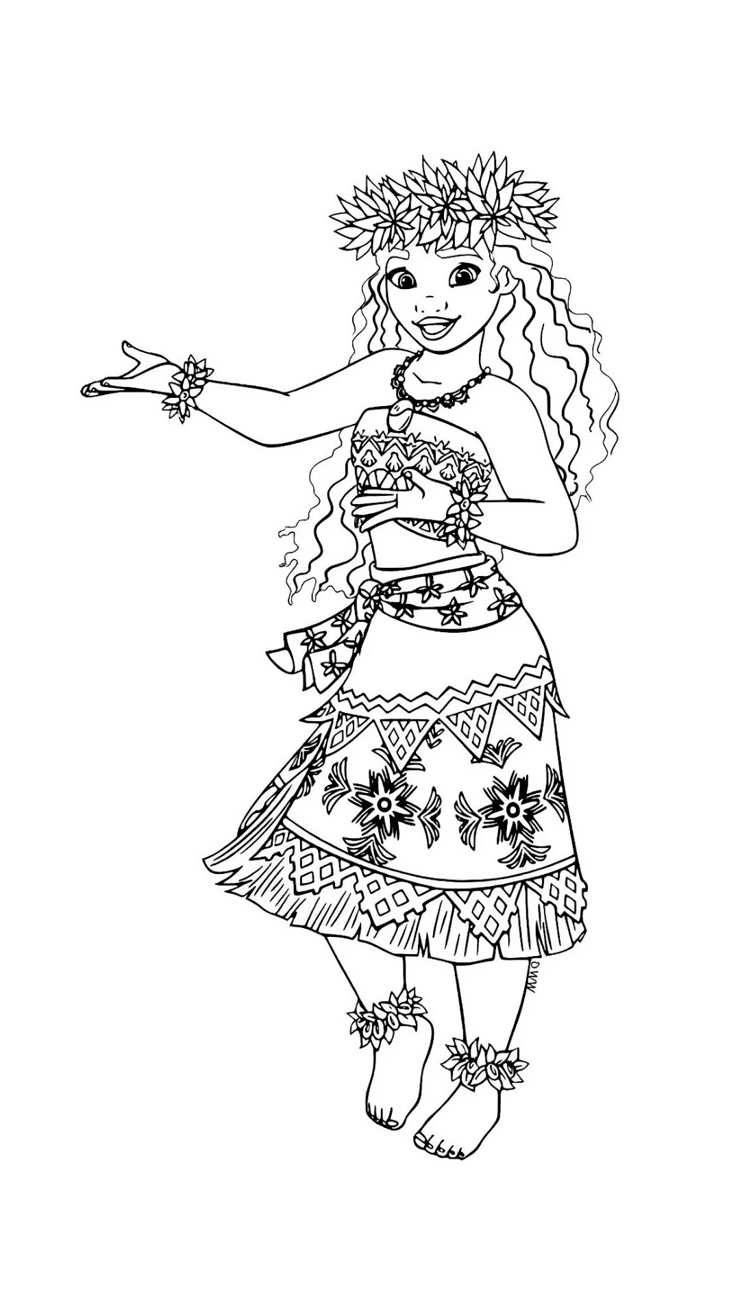 Moana coloring page with a flower crown